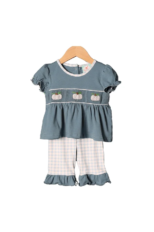 Smocked Blue Stone Pumpkin Ruffle Pant Set