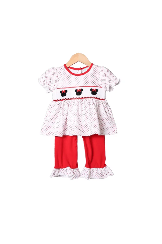 Smocked Mouse Red Bitty Dot Ruffle Pant Set