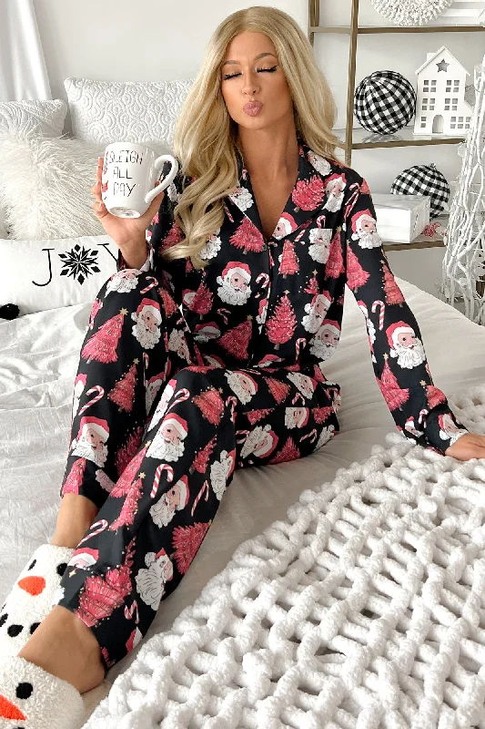 Holiday Traditions Silky 3-Piece Printed Pajama Set (Pink Santa Print)