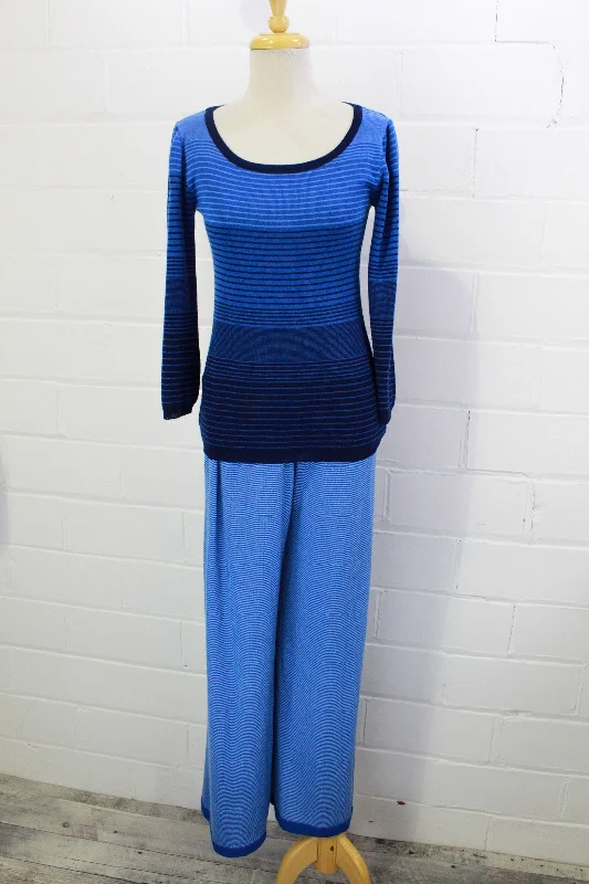 Vintage 1970s Givenchy Blue Stripe Silk Knit Lounge Set, S-M