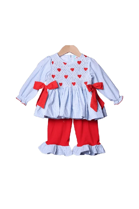 Smocked Heirloom Heart Blue Gingham Pant Set