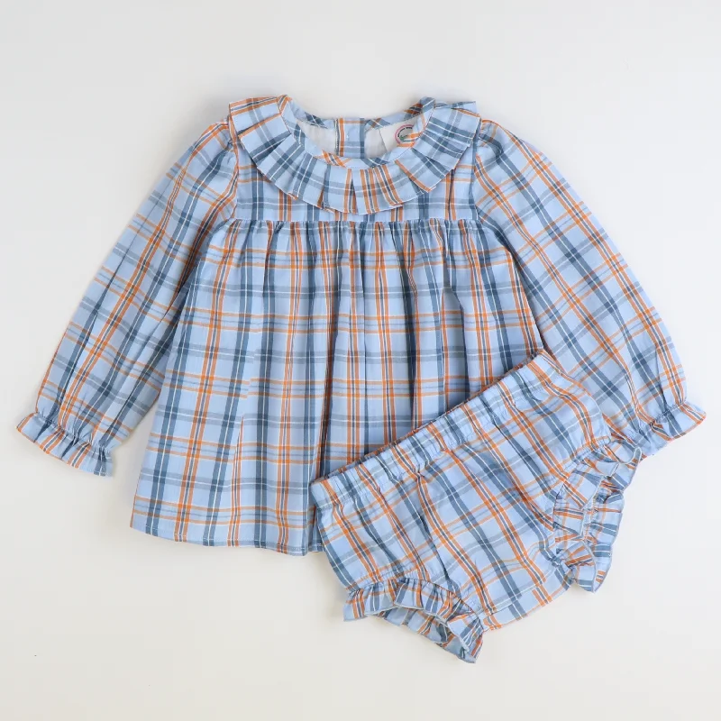 Pleated Ruffle Neck Set - Orange & Blue Plaid