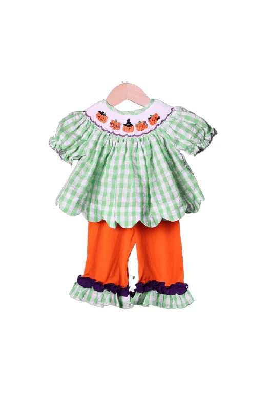 Smocked Playful Pumpkins Green Pant Set