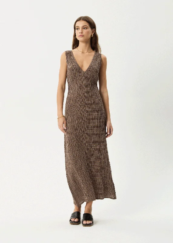 AFENDS Womens Hometown - Seersucker Check Maxi Dress - Coffee