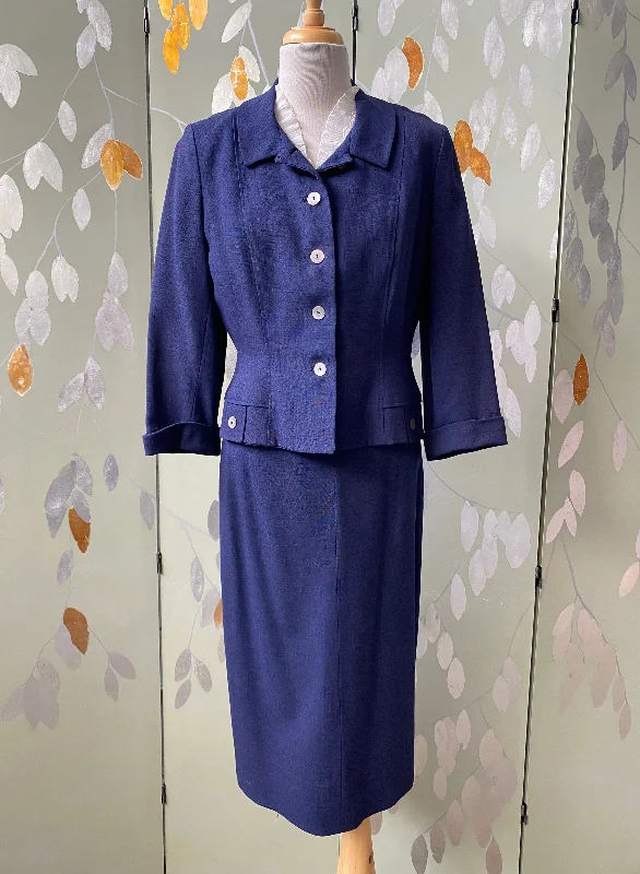 Vintage 1950s Navy Skirt Suit, Leslie Fay, S-M