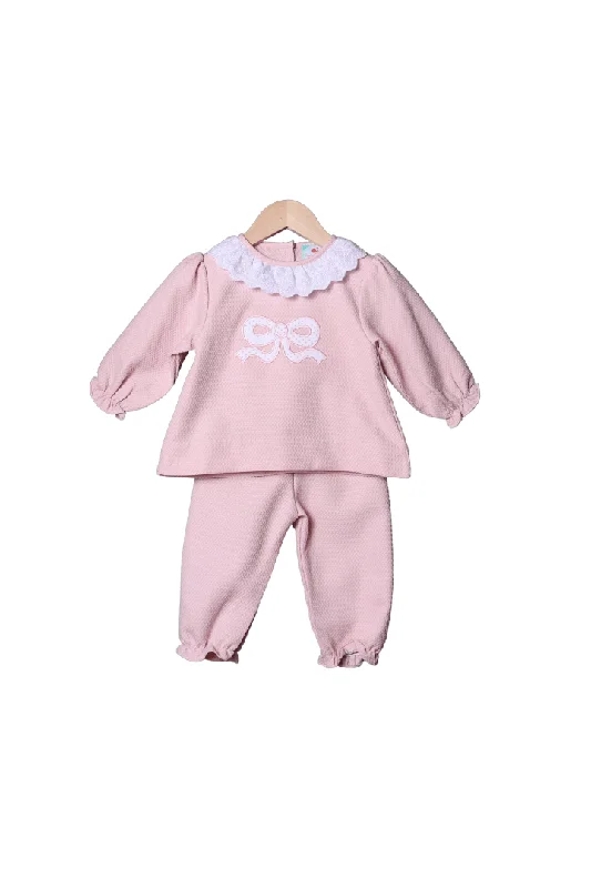 Applique Bow Pink Honeycomb Pant Set