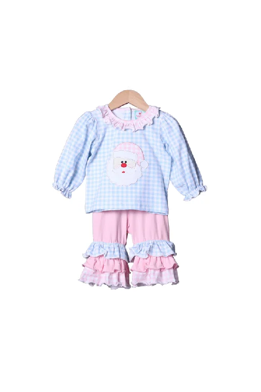 Blue Gingham Knit Applique Santa Pant Set