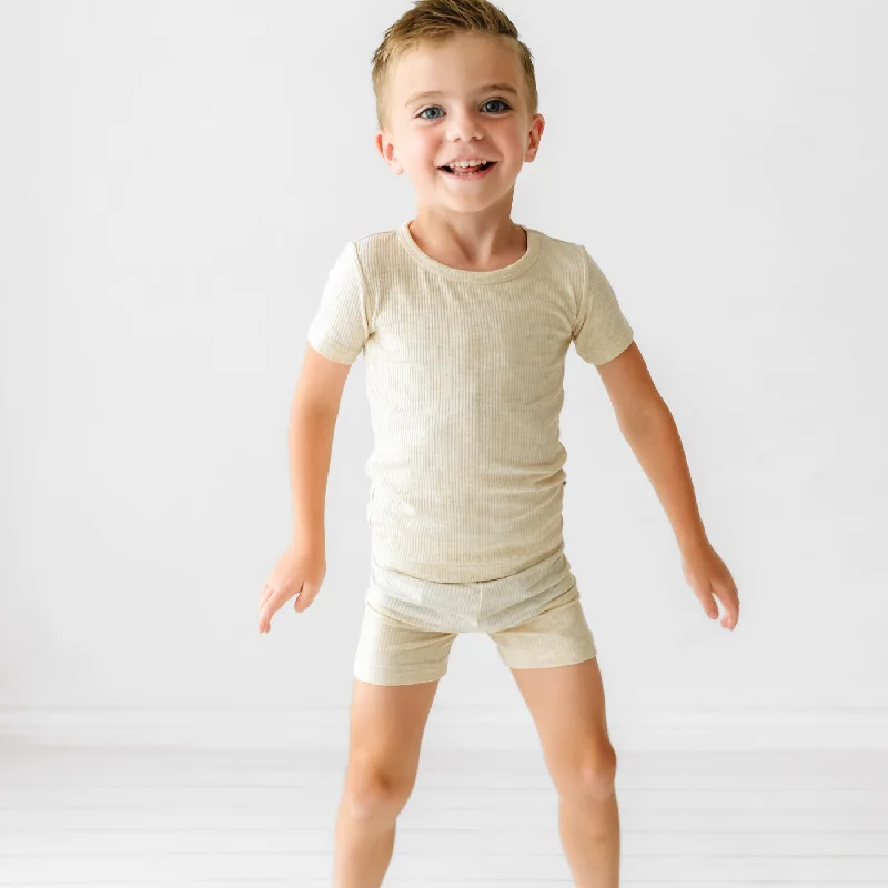 Heather Oatmeal Ribbed Two-Piece Short Sleeve & Shorts Pajama Set