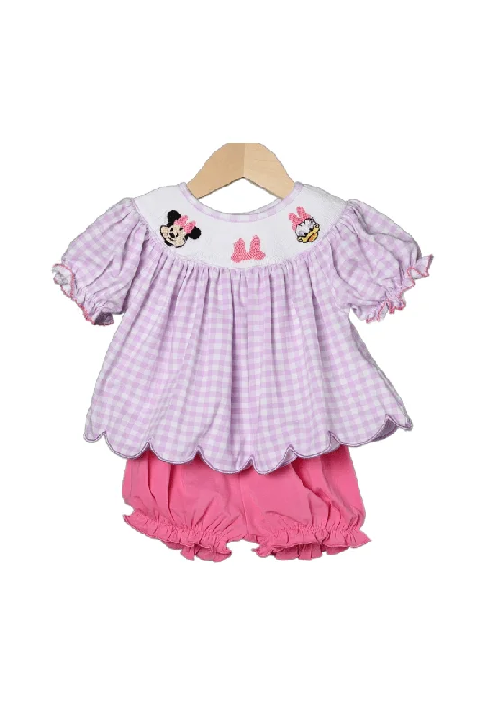 Smocked Mouse Bow Lavender Gingham Bloomer Set