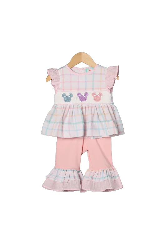 Smocked Mouse Pastel Plaid Pant Set