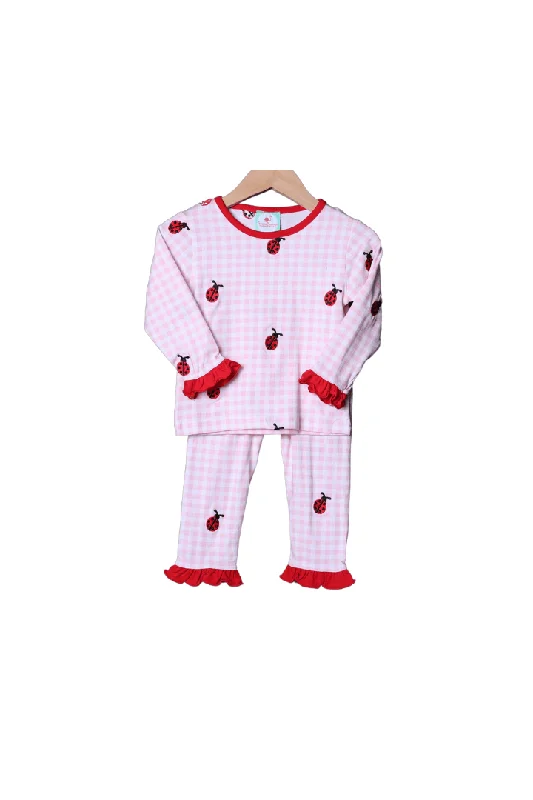 Embroidered Love Bug Pink GIngham Pajamas