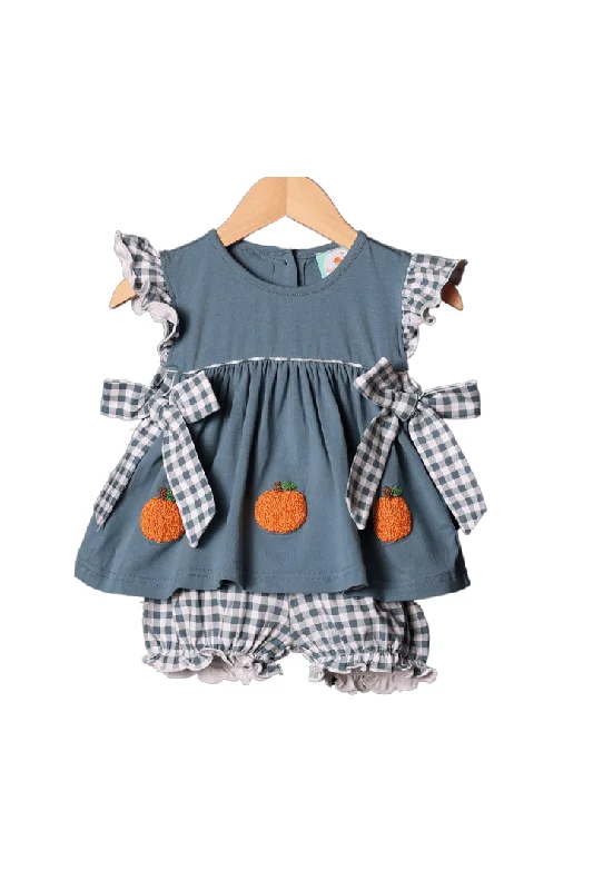 French Knot Pumpkin Stone Gingham BOW Short Set