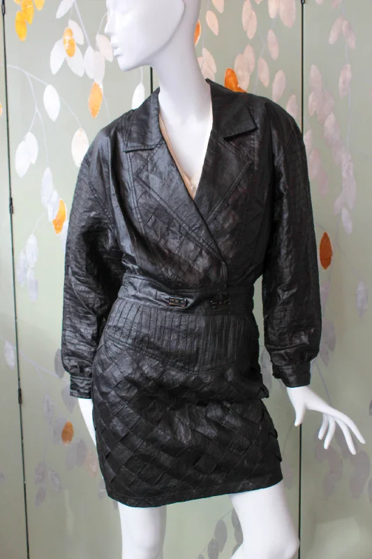 Vintage 1980s Black Silk Skirt and Jacket Set, Small