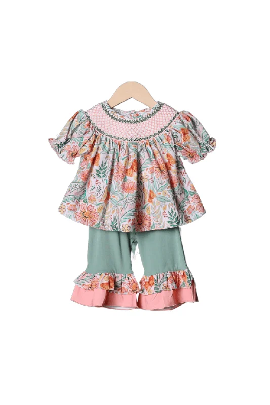 Smocked Heirloom Sage and Coral Butterfly Pant Set