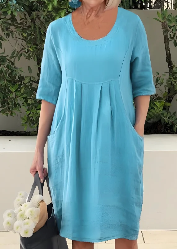 Women Blue O Neck Pockets Patchwork Cotton Dresses Summer