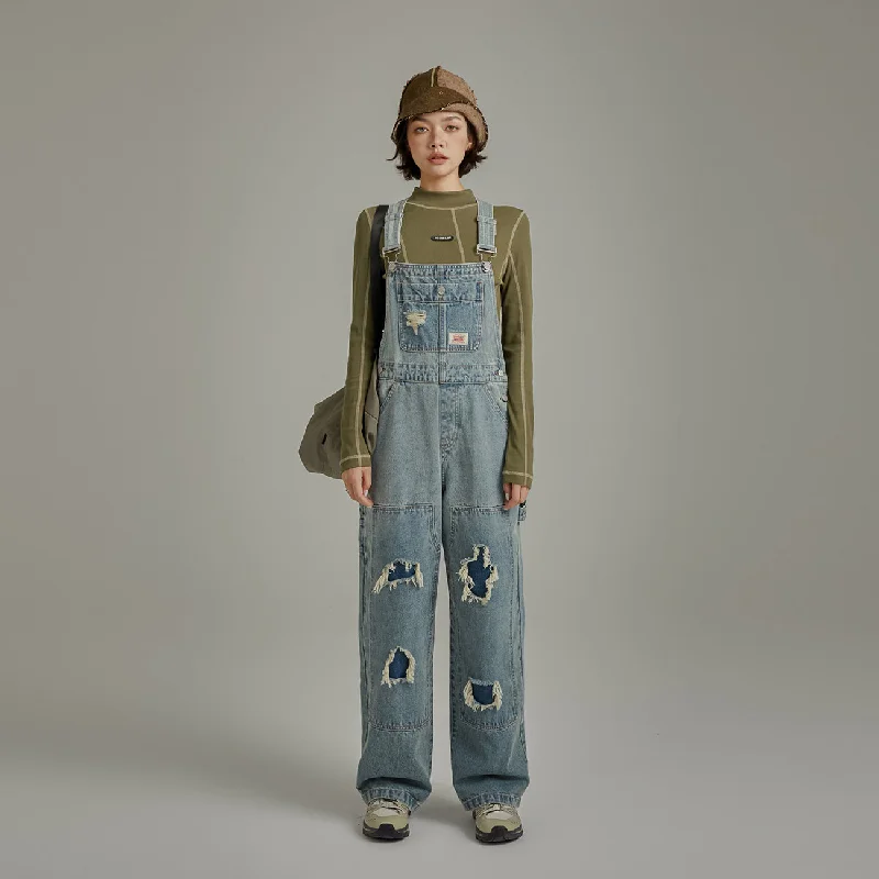 Knee Damaged Denim Overalls