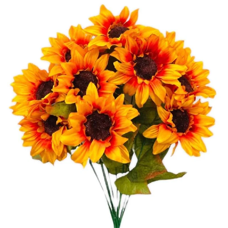 18 inch SATIN FAUX SUNFLOWER BUSH - HARVEST ORANGE YELLOW