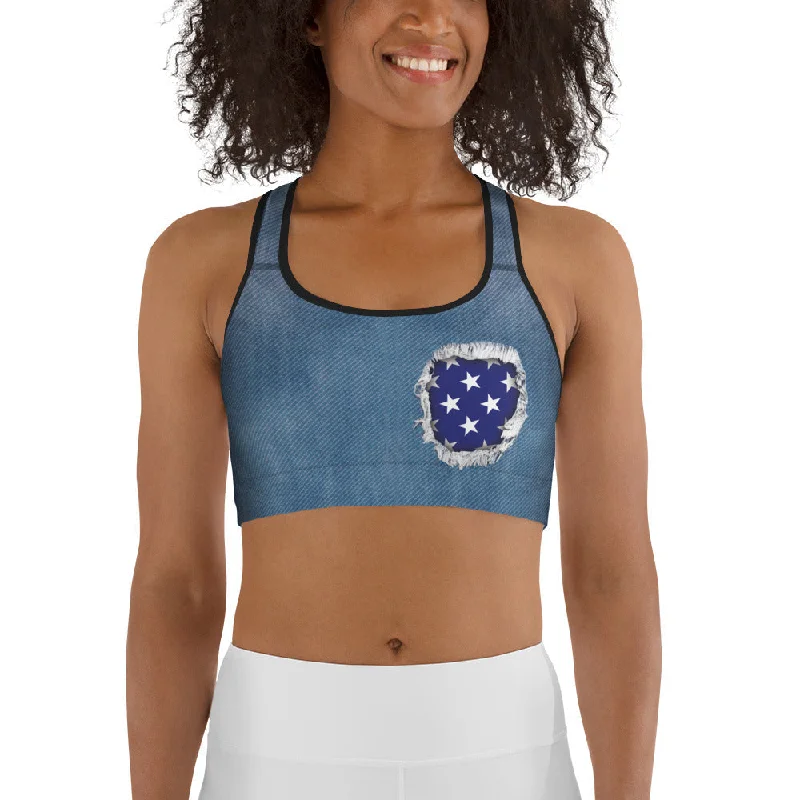 Patriotic Denim Print Sports Bra