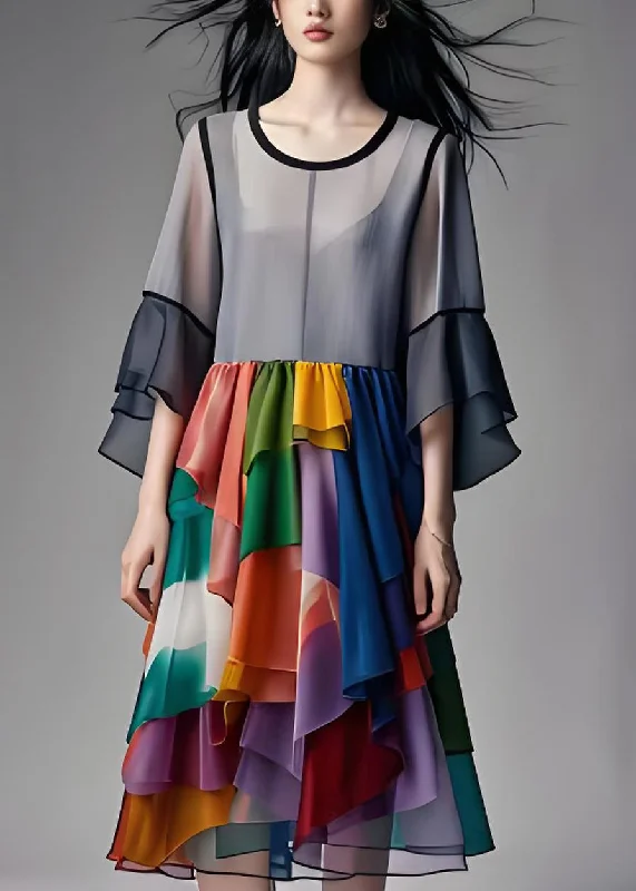 Elegant Grey Asymmetrical Design Wrinkled Patchwork Chiffon Dresses Summer