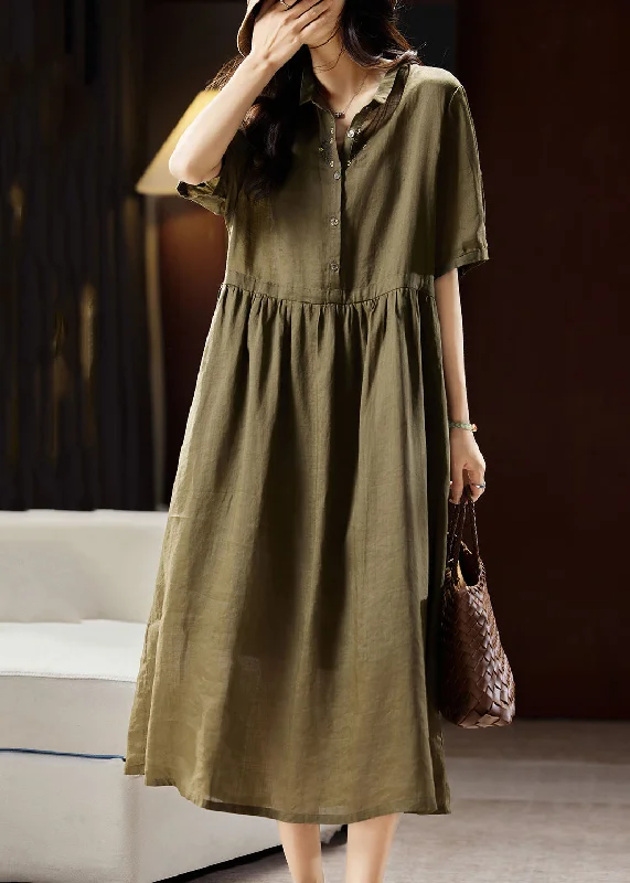 Boutique Green Peter Pan Collar Patchwork Linen Long Dresses Short Sleeve