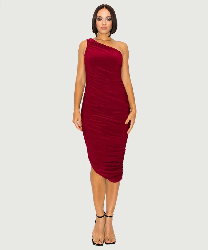 One Shoulder Ruched Bodycon Dress | Black, Burgundy