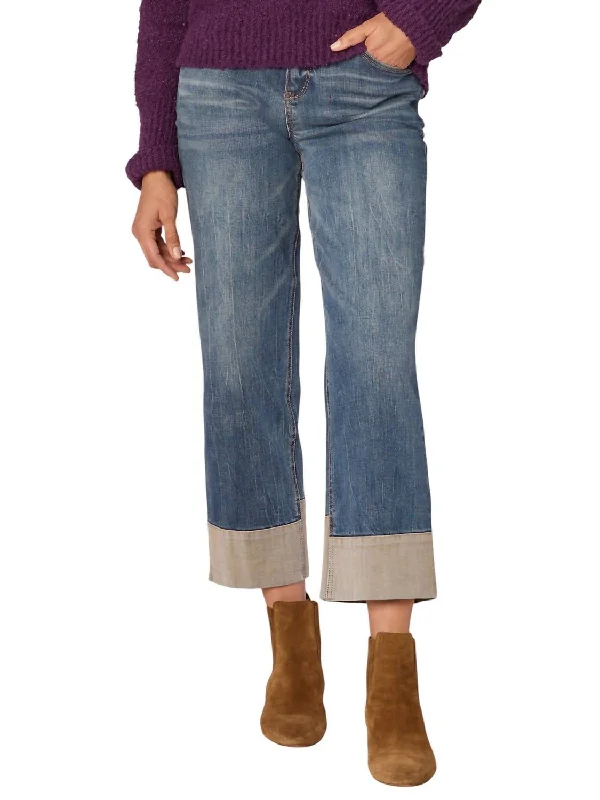 High Rise Round Up Reverse Self Panel Boyfriend Jeans In Mid Blue Artisanal