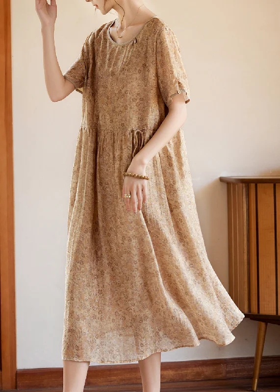 Slim Fit Khaki O-Neck Print Silk Long Dresses Summer