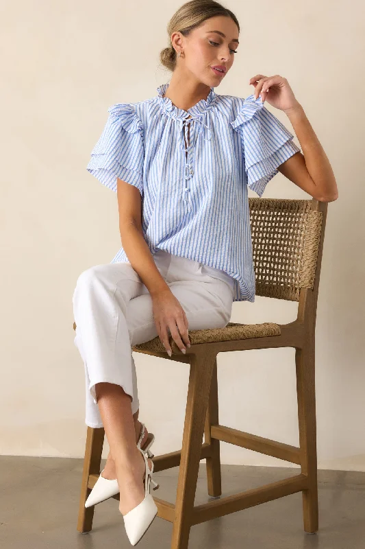 Meet Me for Lunch Blue Stripe Ruffle Sleeve Blouse