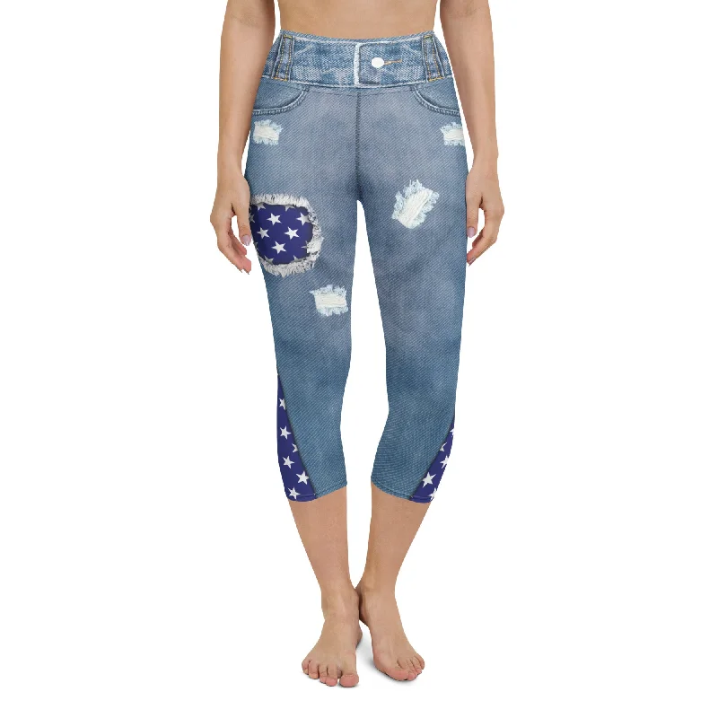 Patriotic Denim Print Yoga Capris