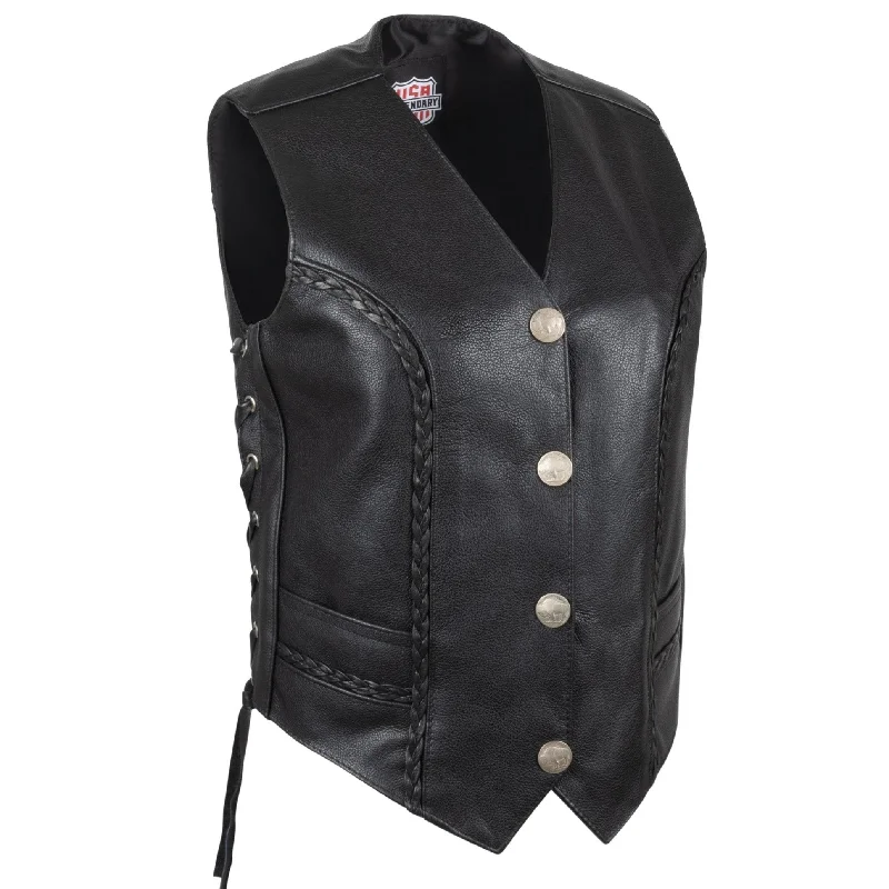 Legendary ‘Vikla_Chikla’ Women’s Leather Braided Motorcycle Vest w/Buffalo Nickel Snaps