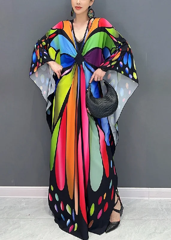 Chic Colorblock V Neck Print Cotton Maxi Dresses Batwing Sleeve