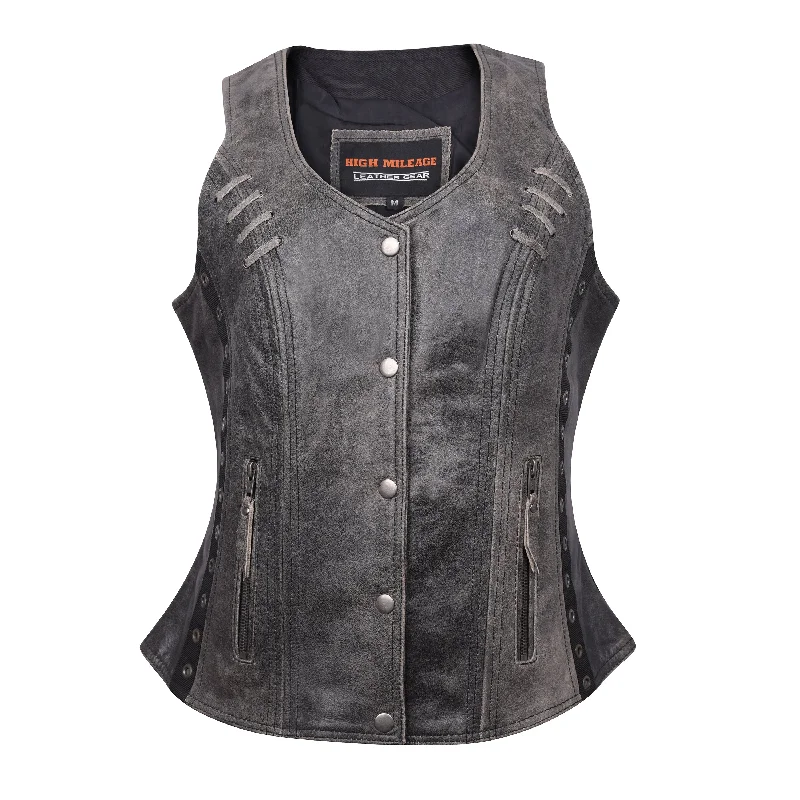 HML1038DG Ladies Lightweight Distressed Gray Leather Vest with Grommeted Twill and Lace Highlights