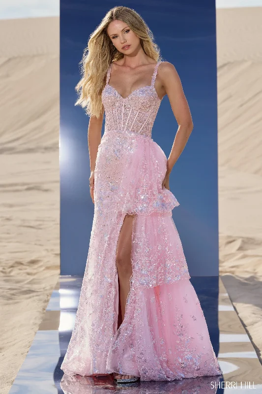 Sherri Hill 56589 Sequin Gown with Corset Bodice, Side Ruffle Over Skirt and High Slit