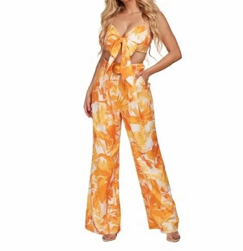 Tropical Print Pant Set In Yellow & White