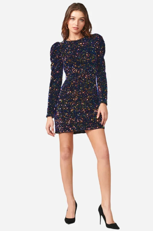 Adelyn Rae Gale Velvet Sequins Puff Sleeve Mini Dress in Midnight