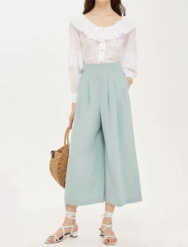 Crepe High Rise Pleated Wide Leg Cropped Pants In Green