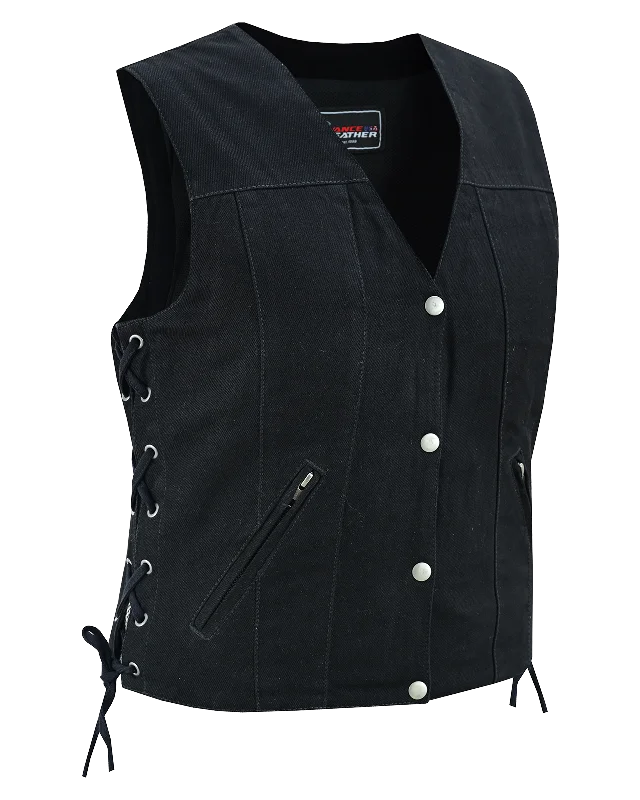 VB1045BK Women's Black Denim V Neck Vest with Snap opening & side laces