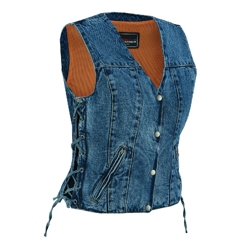 VB1045BL Women's Blue Denim V Neck Vest with Snap opening & side laces