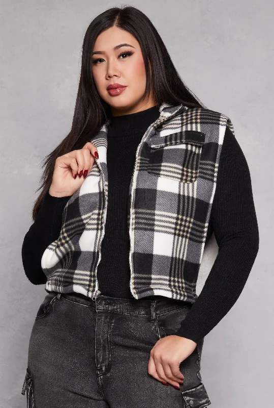 Plus Size Plaid Hooded Zip Front Vest