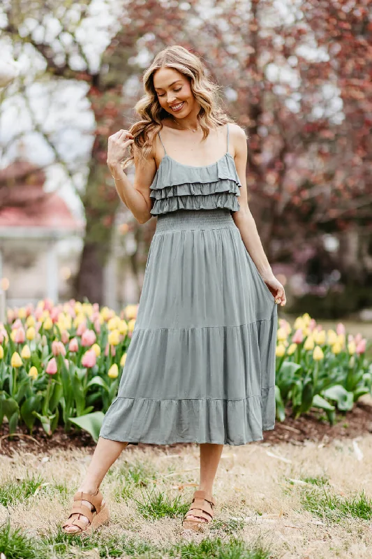 Rokoko Layered Ruffle Tiered Smocked Midi Dress for Women in Green | R602219-SAG