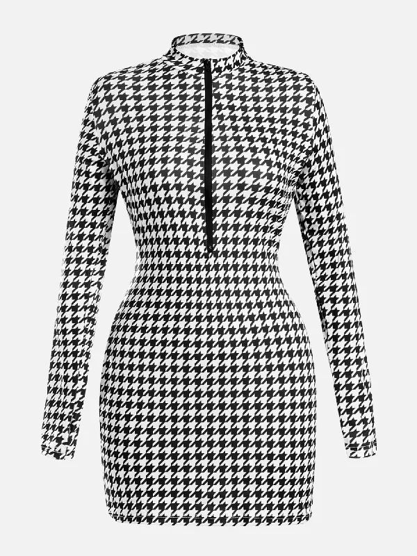 Houndstooth Printed Half-Zipped Mini Dress